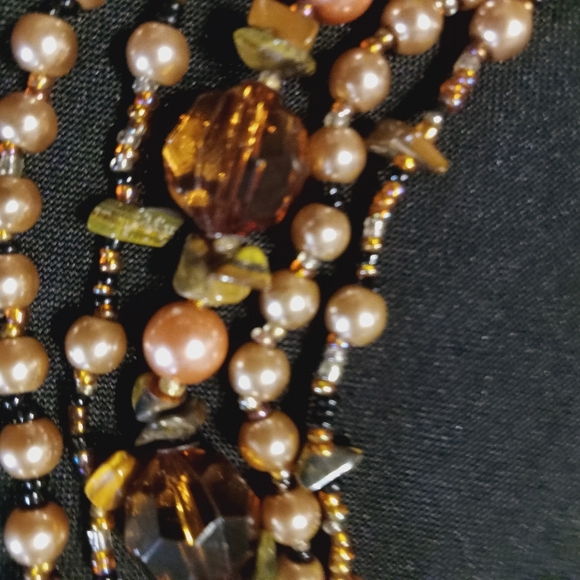 Vintage Necklace Multi-Strand Necklace Rose Gold Faux Pearls Umber Stones Beads - Picture 2 of 6